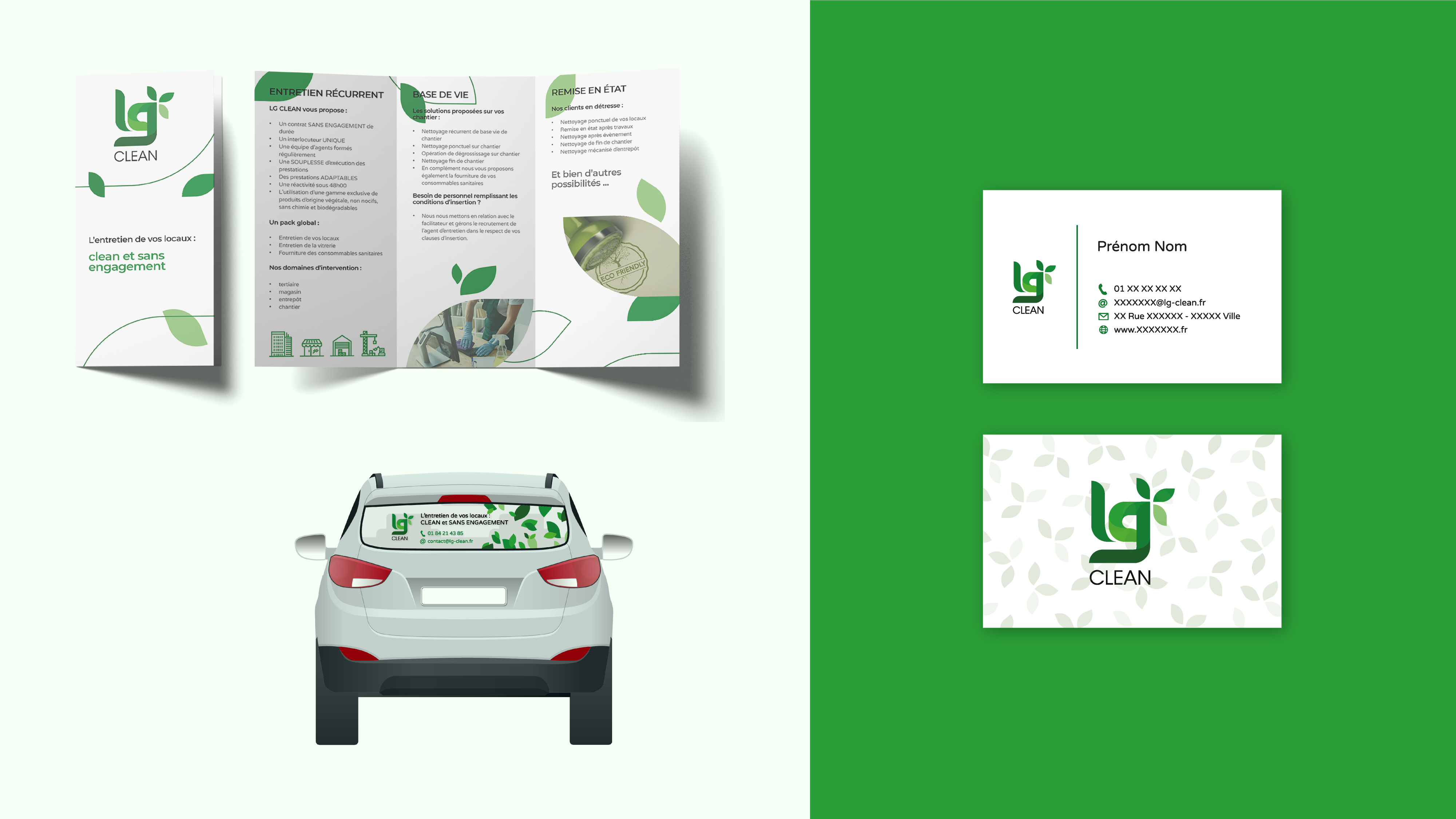 Lg clean, logo, cartes de visite, flyer, flocage de voiture